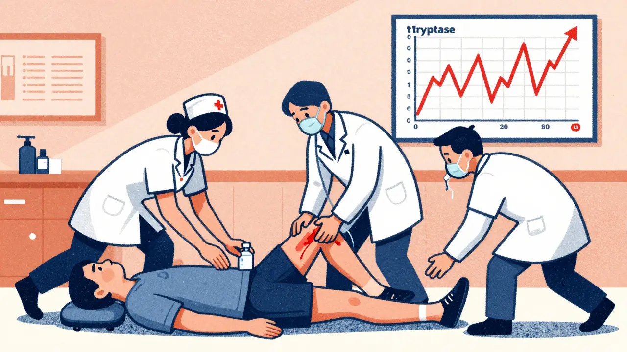 Medical team responding to severe chemotherapy reaction with epinephrine and oxygen support.
