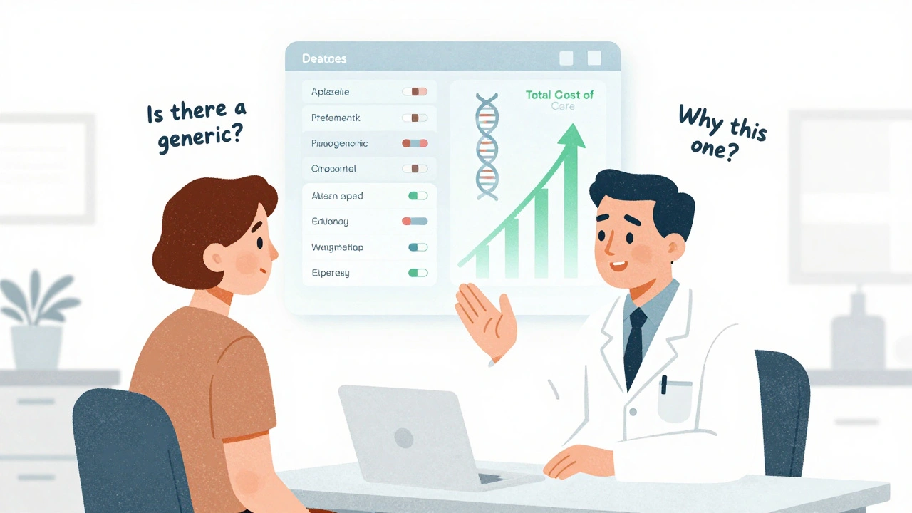 Patient and doctor discussing generics while a glowing formulary system with DNA and cost data appears behind them.