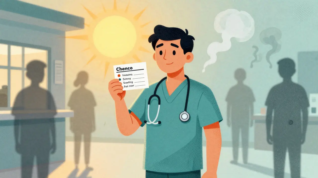 Patient holding reaction awareness card as past symptoms fade, symbolizing safety and preparedness.