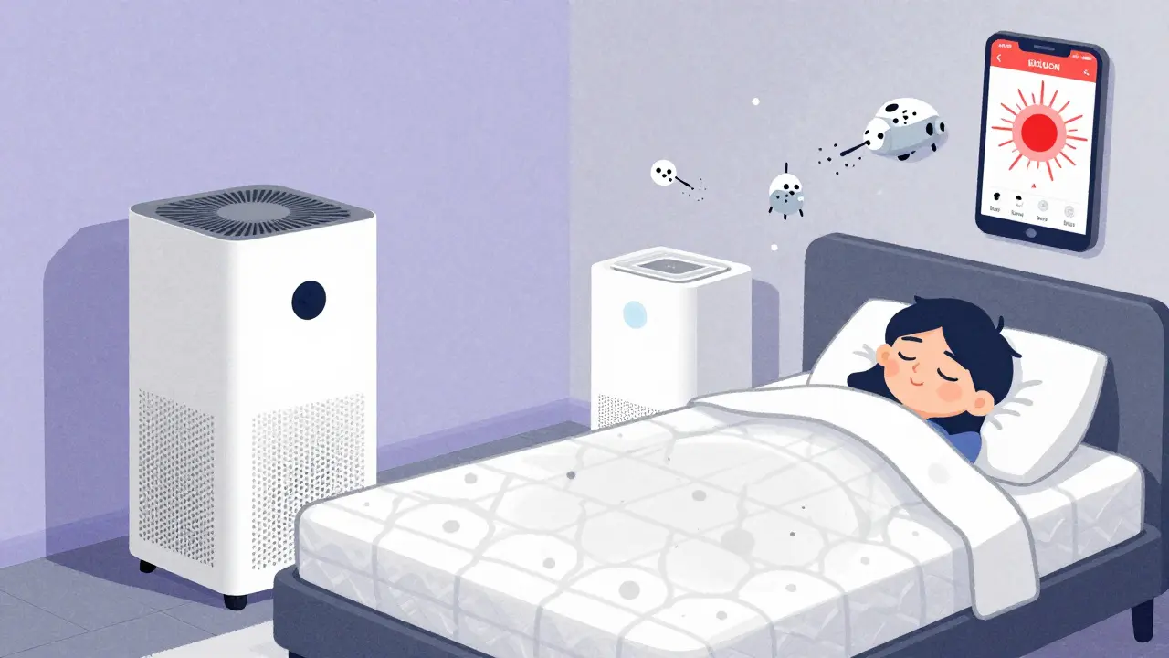 Peaceful bedroom with allergen controls, HEPA purifier, and pollen alert on phone.