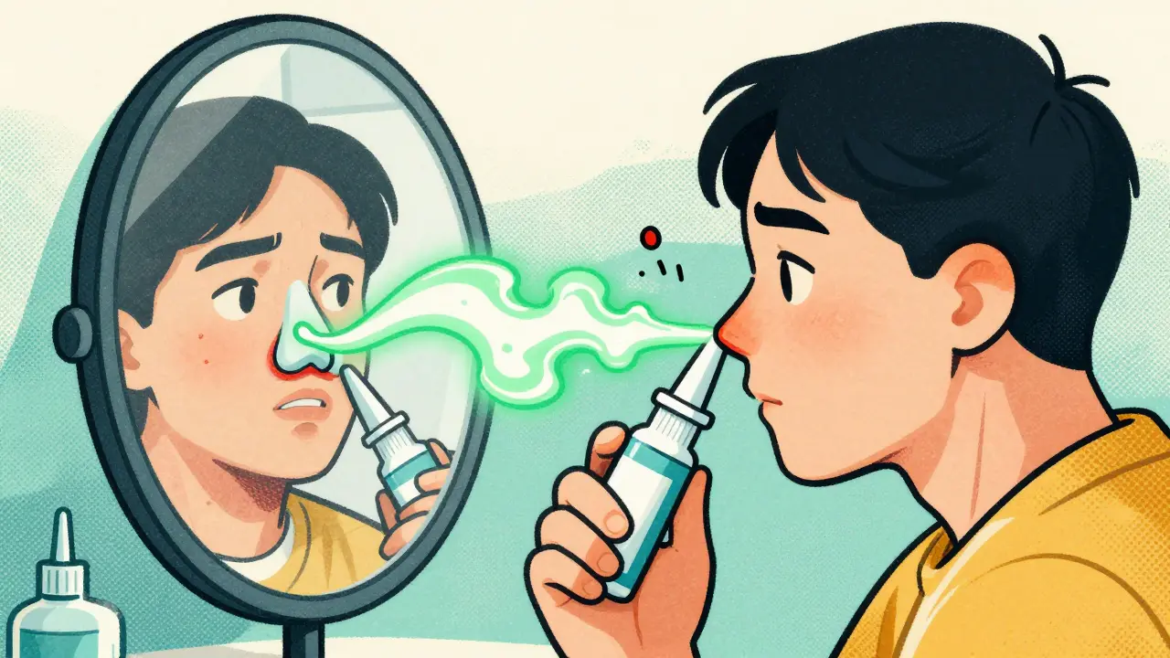 Person correctly using nasal spray aimed at the ear, with anti-inflammatory glow inside nose.
