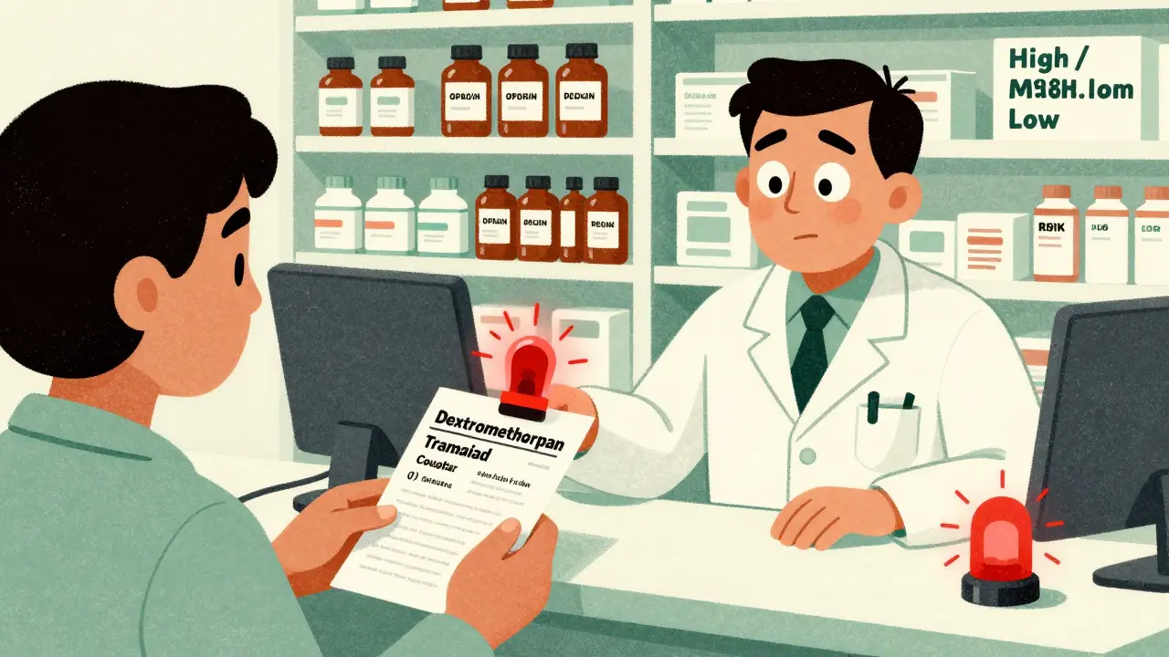 Pharmacist at counter realizing danger from hidden dextromethorphan and tramadol on patient's medication list.