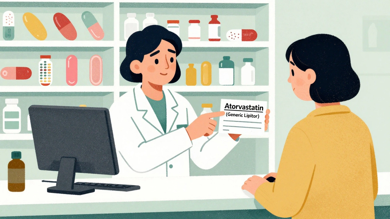 Pharmacist explaining a generic pill to a patient at a counter, surrounded by differently shaped pills.
