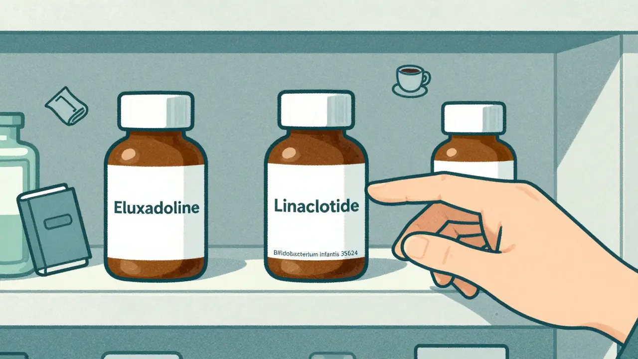 Pharmacy shelf with three IBS medications and icons of journal, yoga mat, and coffee cup.