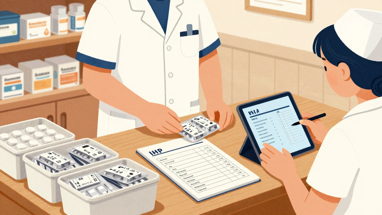 Pharmacy technician preparing labeled blister packs for student medications with nurse reviewing records.