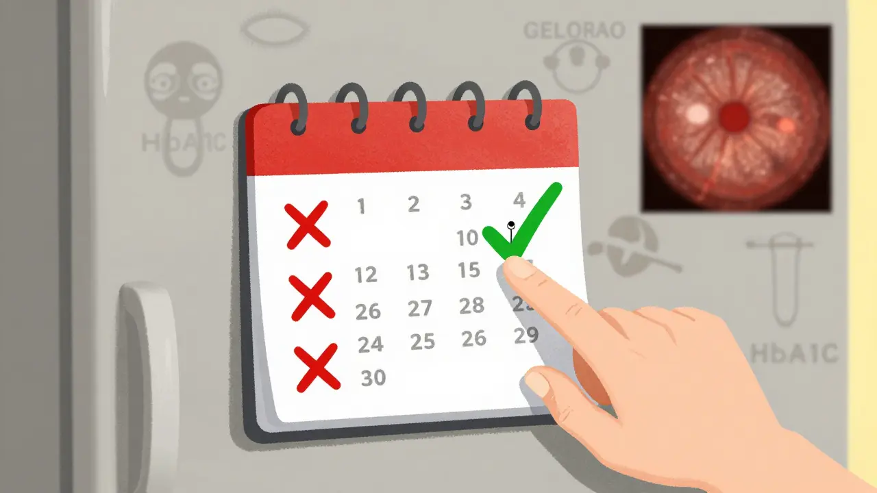 Refrigerator calendar with missed screening dates crossed out, one green checkmark marked with a retinal camera.