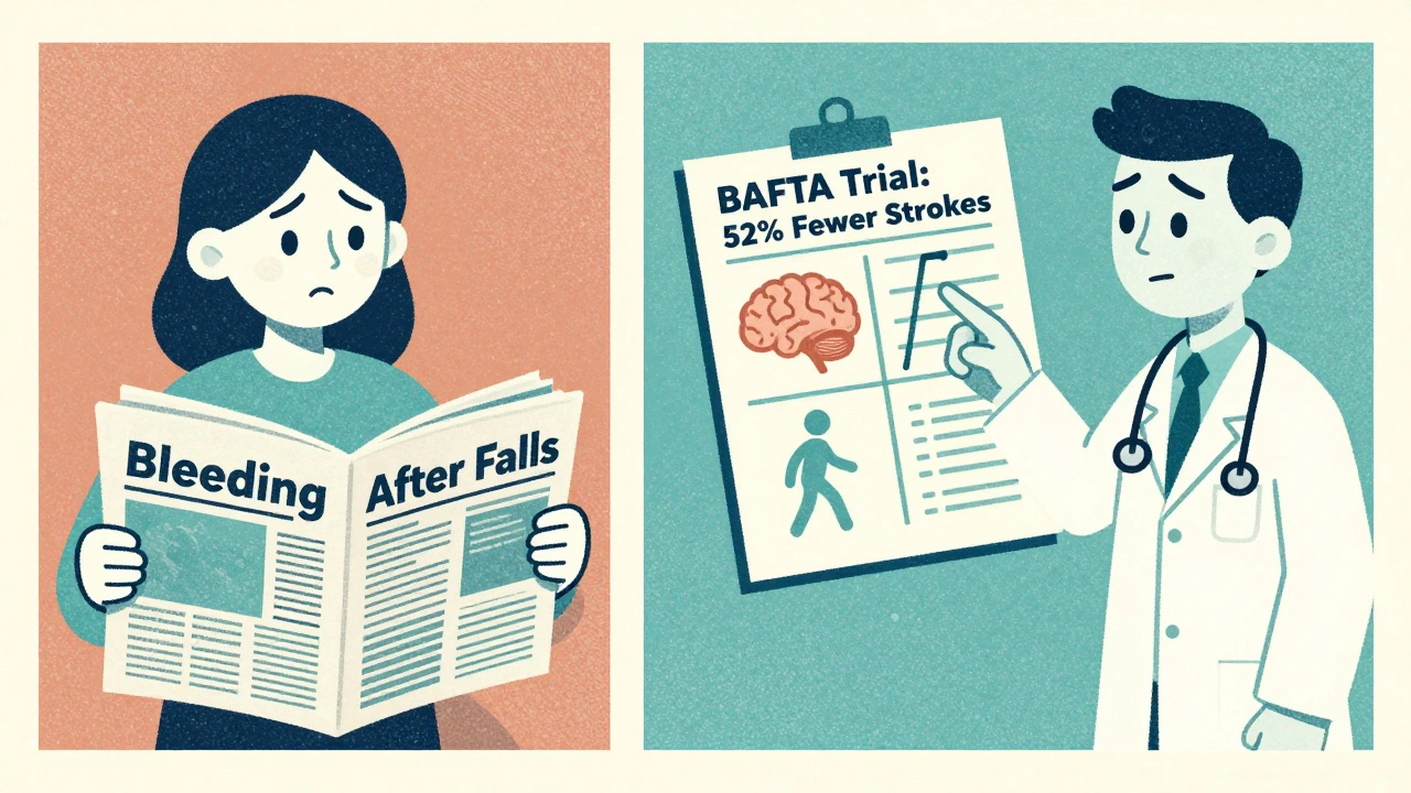 Split illustration comparing fear of bleeding to data showing reduced strokes with anticoagulants, stylized medical chart visible.