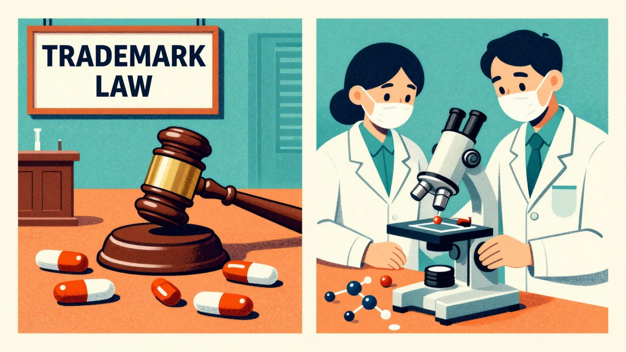 Split illustration: courtroom blocking identical pills on one side, scientists testing drug equivalence on the other.