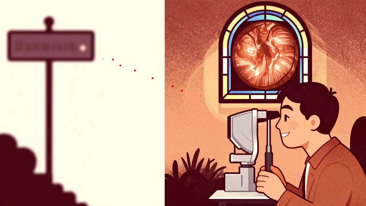 Split image: blurred vision on one side, clear retinal scan glowing like stained glass on the other.