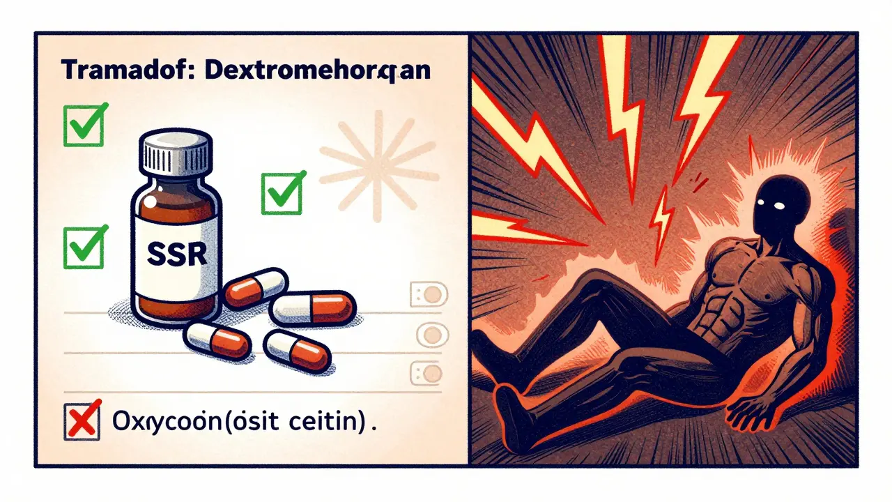 Split medical chart: safe opioids on left with green checks, dangerous ones on right with red warning waves and collapsing figure.