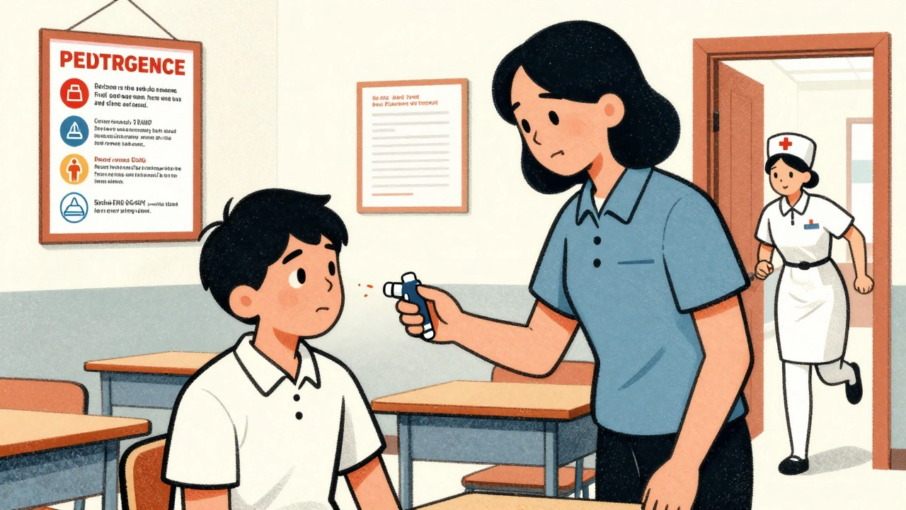 Teacher giving epinephrine injector to student as nurse rushes in during an allergic reaction.