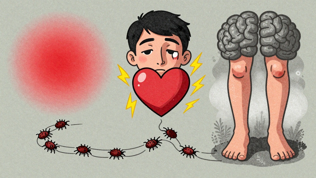 Three symbolic scenes showing Lyme disease progression: rash, facial paralysis with heart, and joint pain with brain fog.