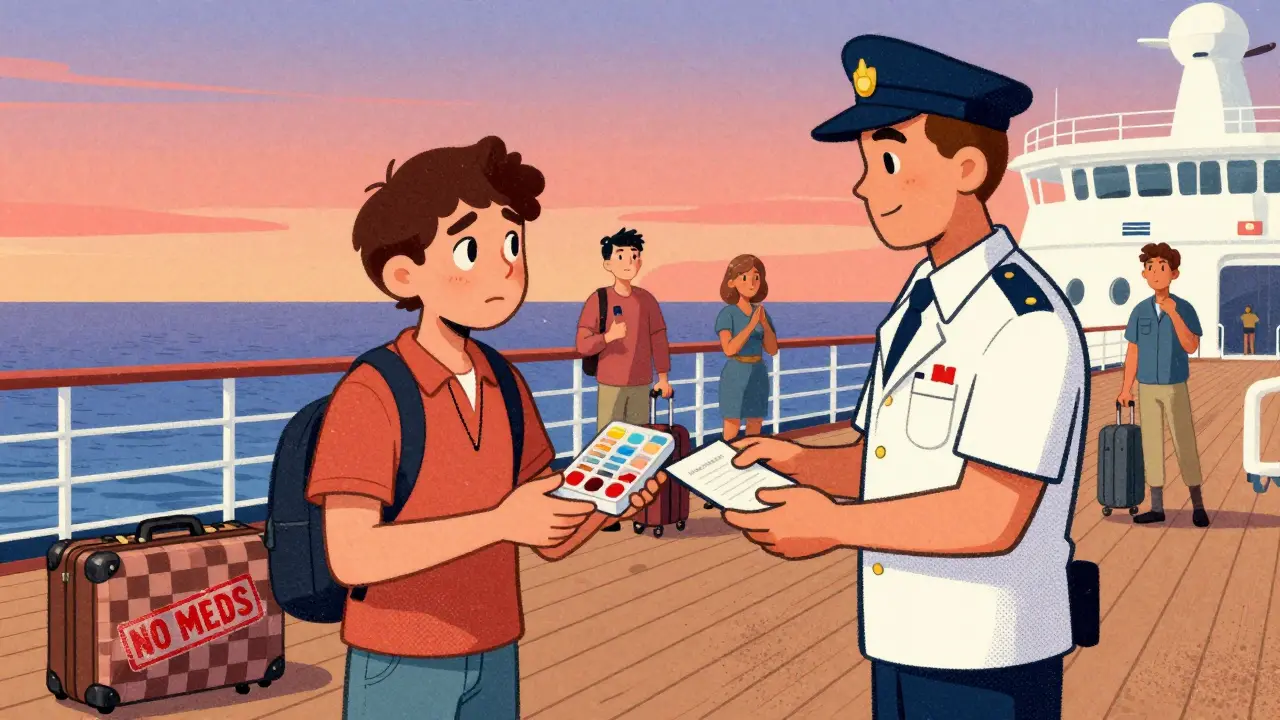 Traveler handing labeled meds and doctor's letter to cruise medical officer while checked bag is stamped 'NO MEDS'
