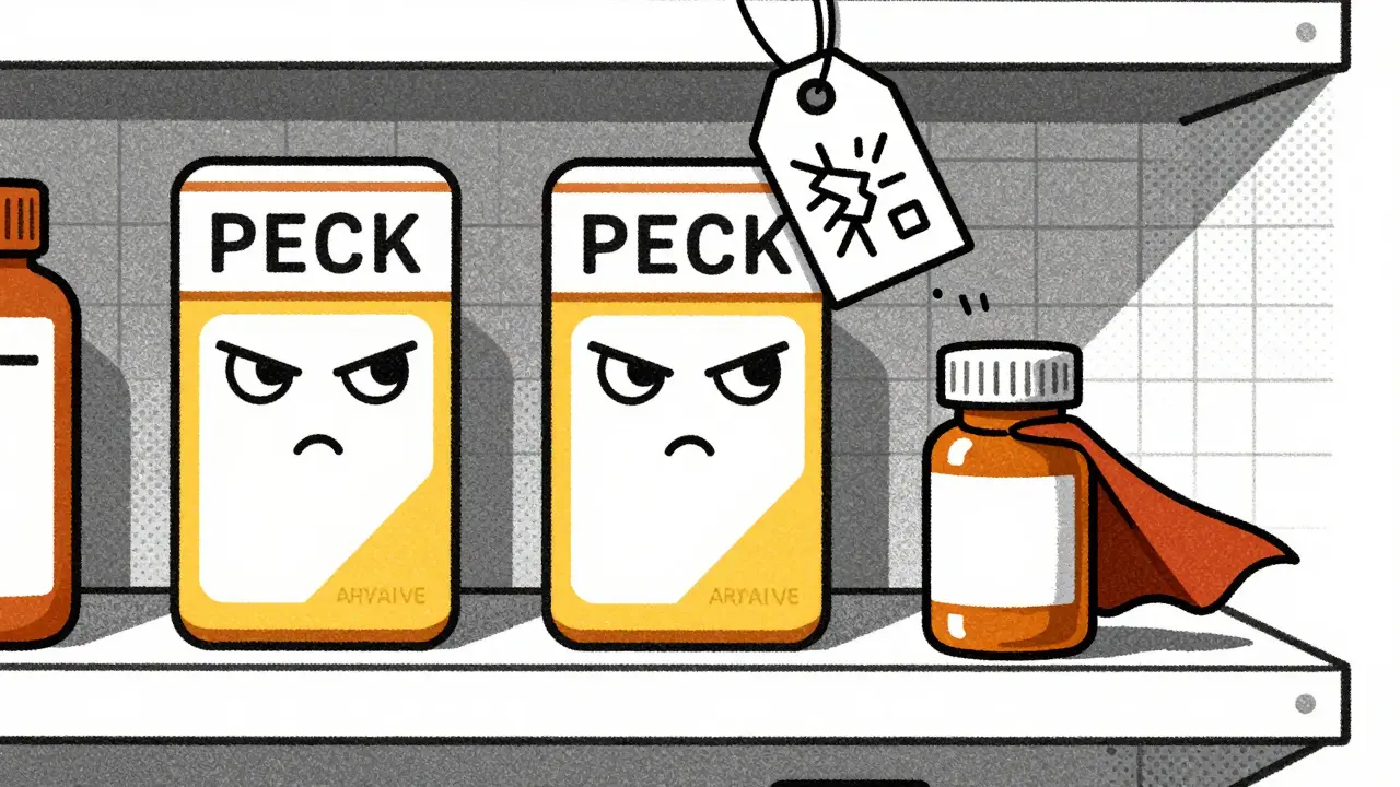 Two complacent generic drugs on a shelf as a third enters, cracking their high price tag.