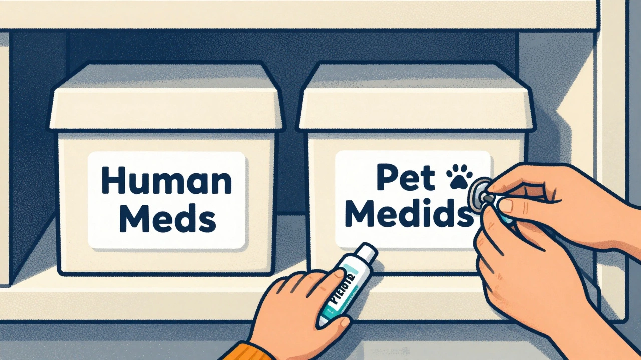 Two locked medication boxes labeled for humans and pets, kept separate from food on a kitchen shelf.
