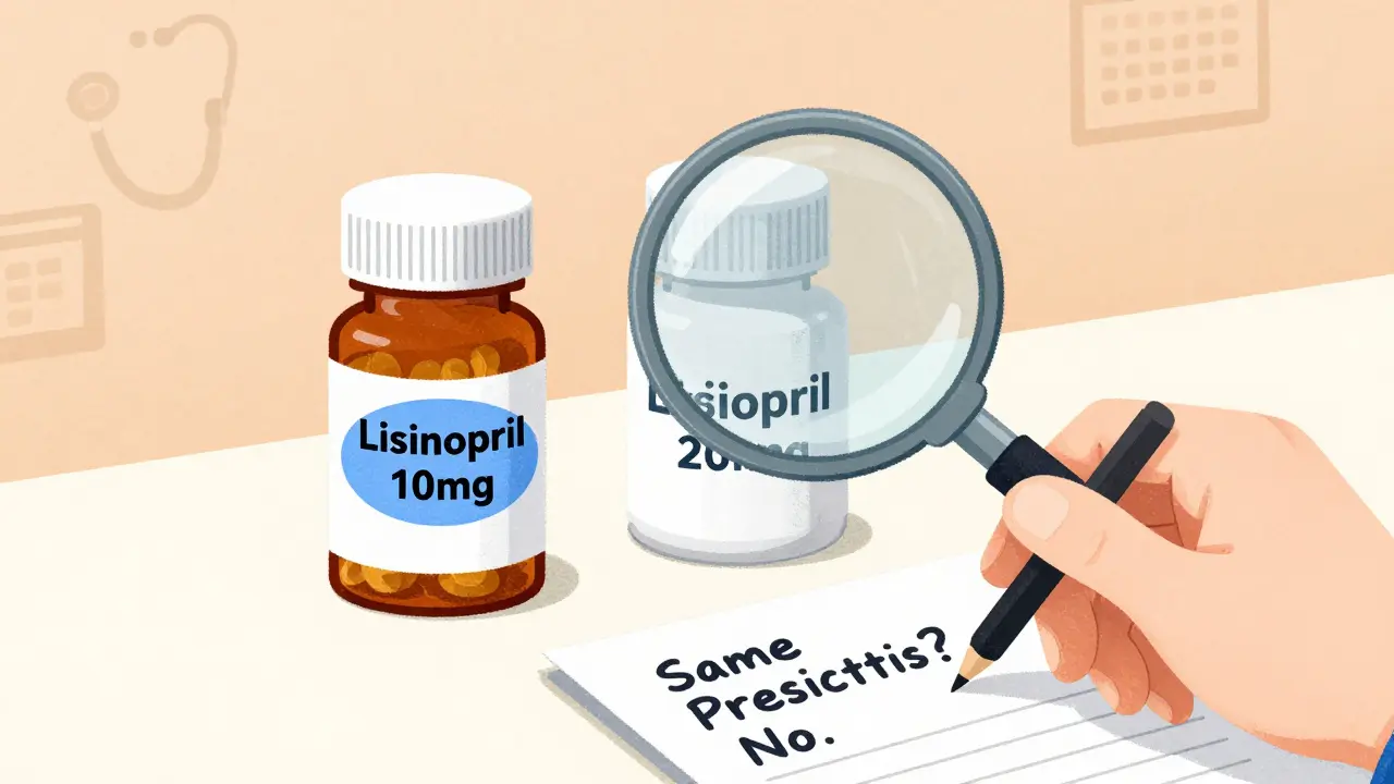 Two mismatched pill bottles side by side with magnifying glass and handwritten note