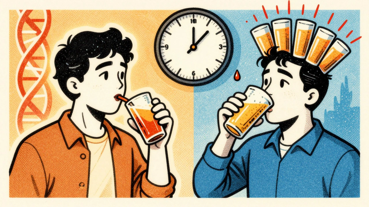 Two people drinking: one moderate with genetic helix, one binge drinking with spiked INR meter