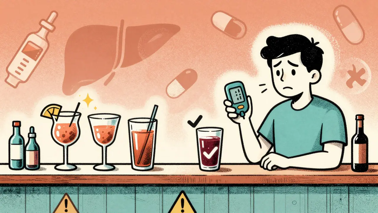 A bar with risky sugary drinks on one side and safer options on the other, a person deciding between them.