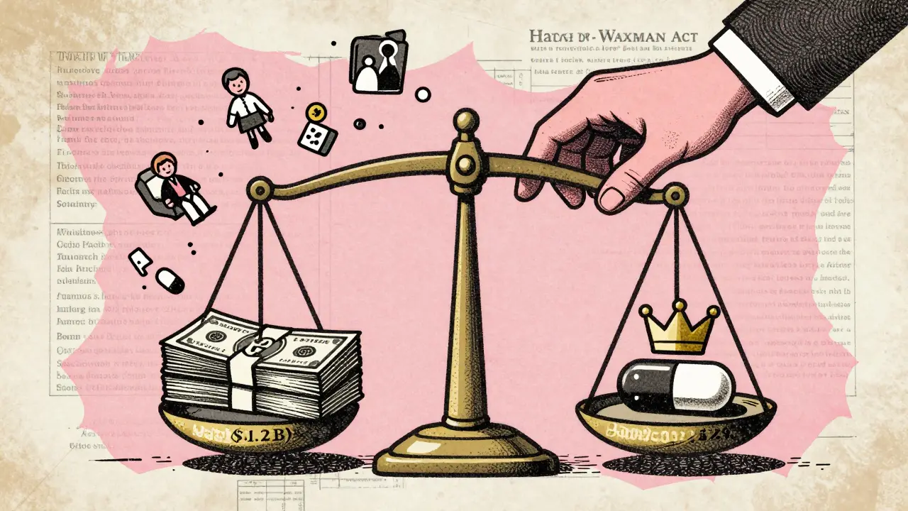 A broken scale showing lost savings weighed against a crowned authorized generic pill.
