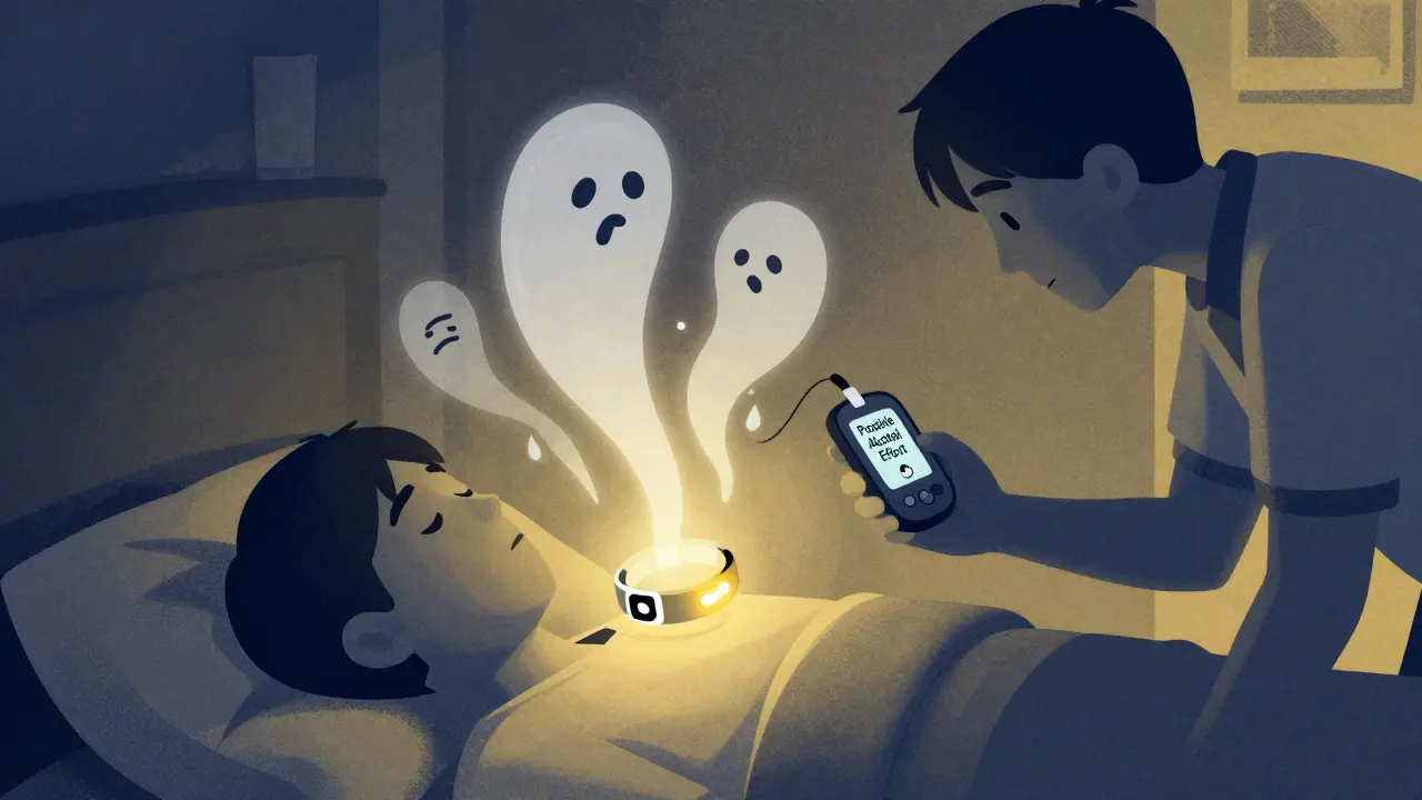 A glowing medical ID bracelet above a sleeping person, with warning symbols rising and a friend checking a CGM.