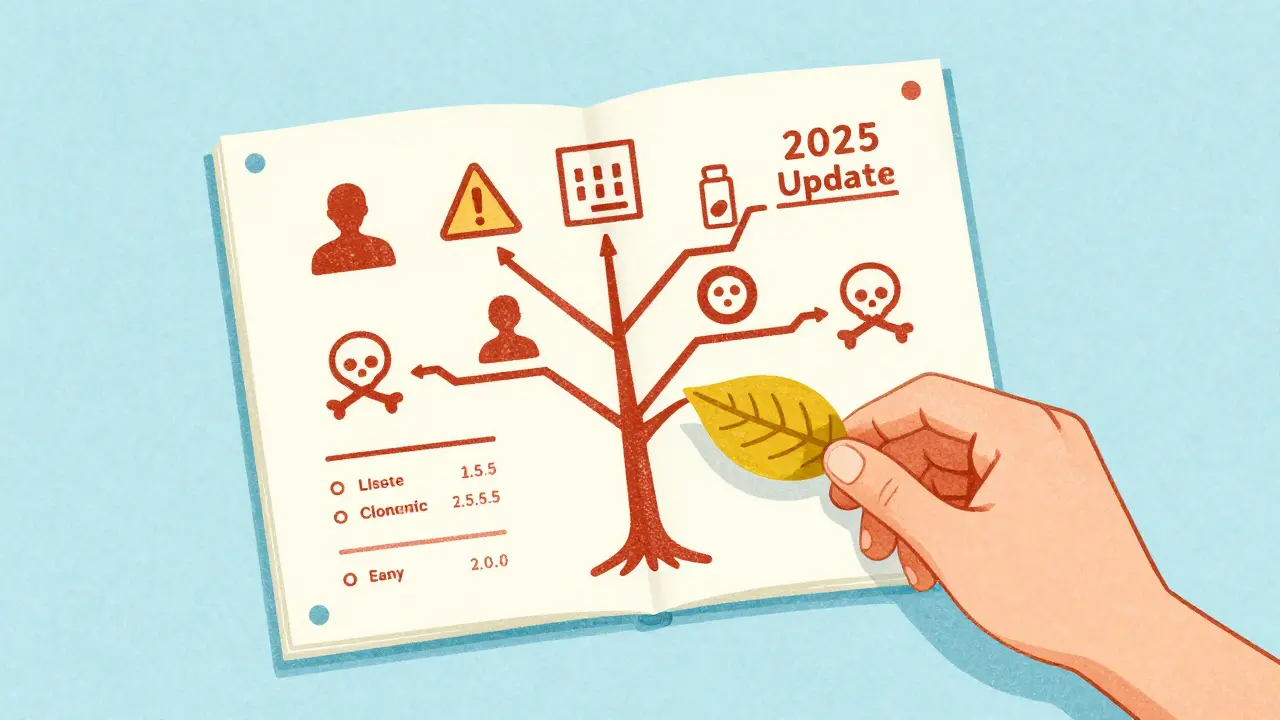A medical data tree grows with patient icons and warning symbols, labeled '2025 Update', rendered in layered pastel risograph colors.