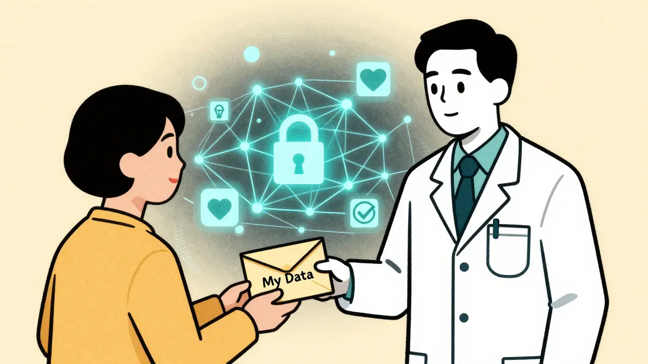 A patient hands a sealed data envelope to a lab figure, with blockchain and safety icons glowing softly in a textured risograph background.