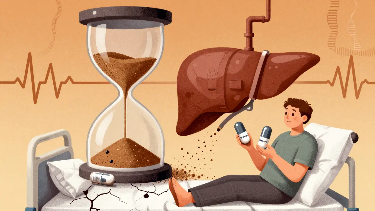 A patient holding two different carbamazepine capsules while a liver-shaped factory drains beads into an hourglass, in risograph aesthetic.