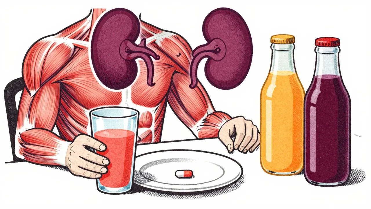 A person's transparent body showing muscles breaking down into fluid toward a kidney, with safe juices beside them.