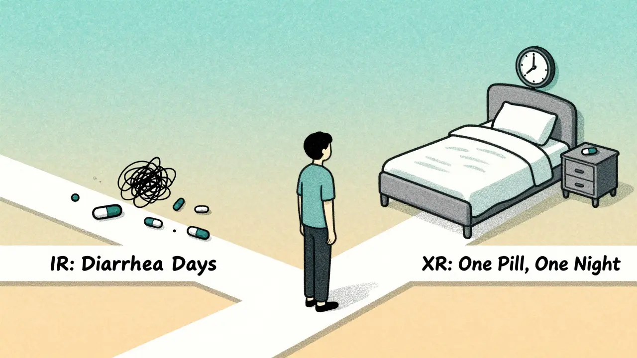 A person choosing between a path of GI distress and a calm routine with extended-release metformin, illustrated in soft tones.