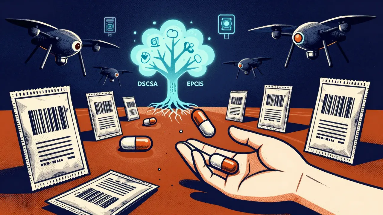 Armored pill packages defending a patient from counterfeit drones in a symbolic security battle.