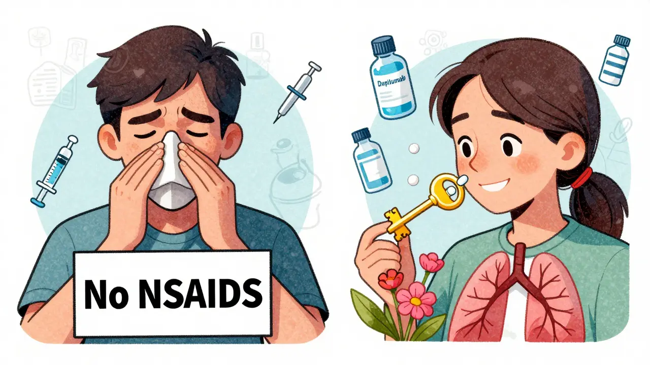Before-and-after split image: blocked nose and faded colors vs. clear airways and smiling while smelling flowers, with aspirin as a golden key.