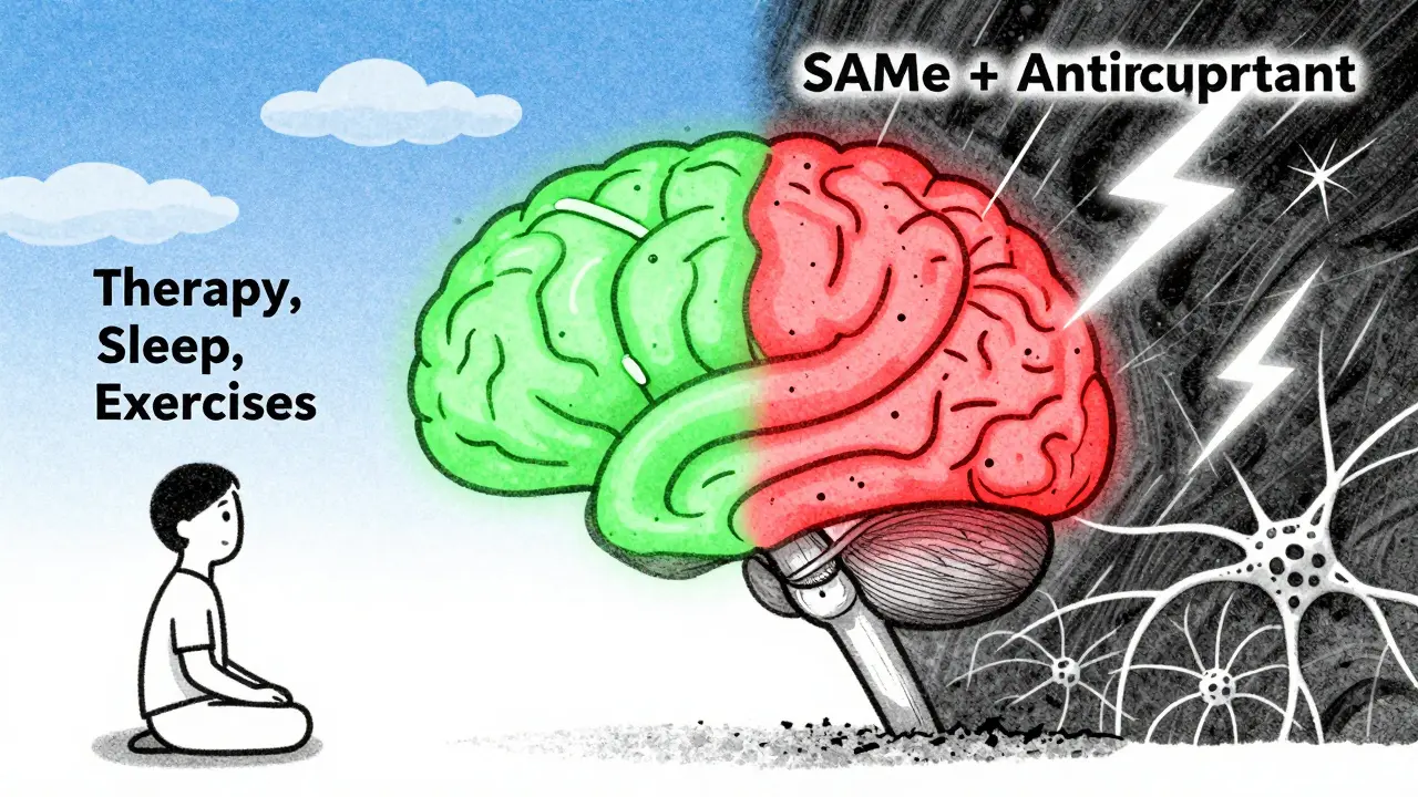 Brain with two pathways: calm green route to blue sky vs. red stormy path of SAMe and antidepressants, sweat drop falling from forehead.