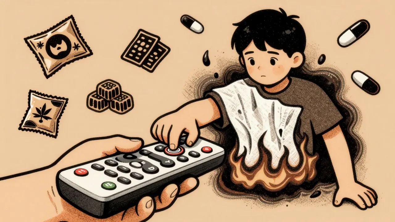 Child inserting a button battery into a remote, with internal burn damage illustrated as a shadowy outline.