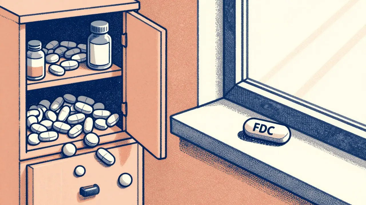 Cluttered medicine cabinet versus a single pill on a windowsill.