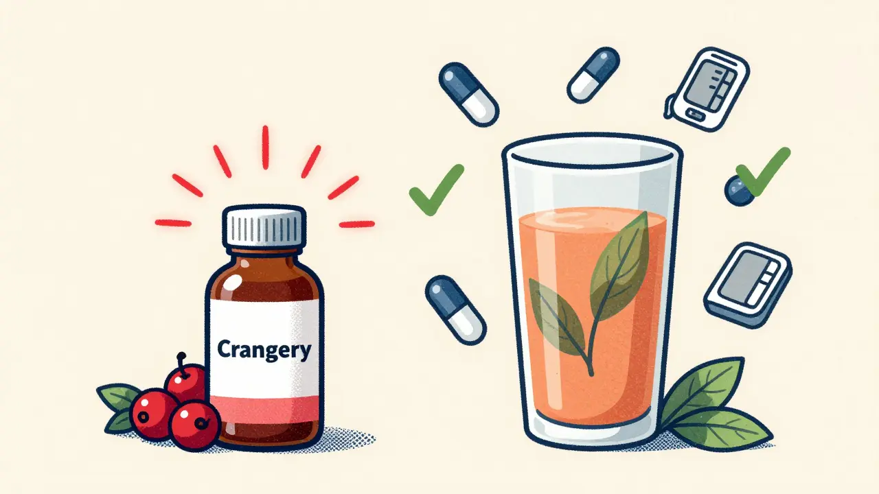 Concentrated cranberry supplement with warning sparks vs. safe glass of juice with medication icons
