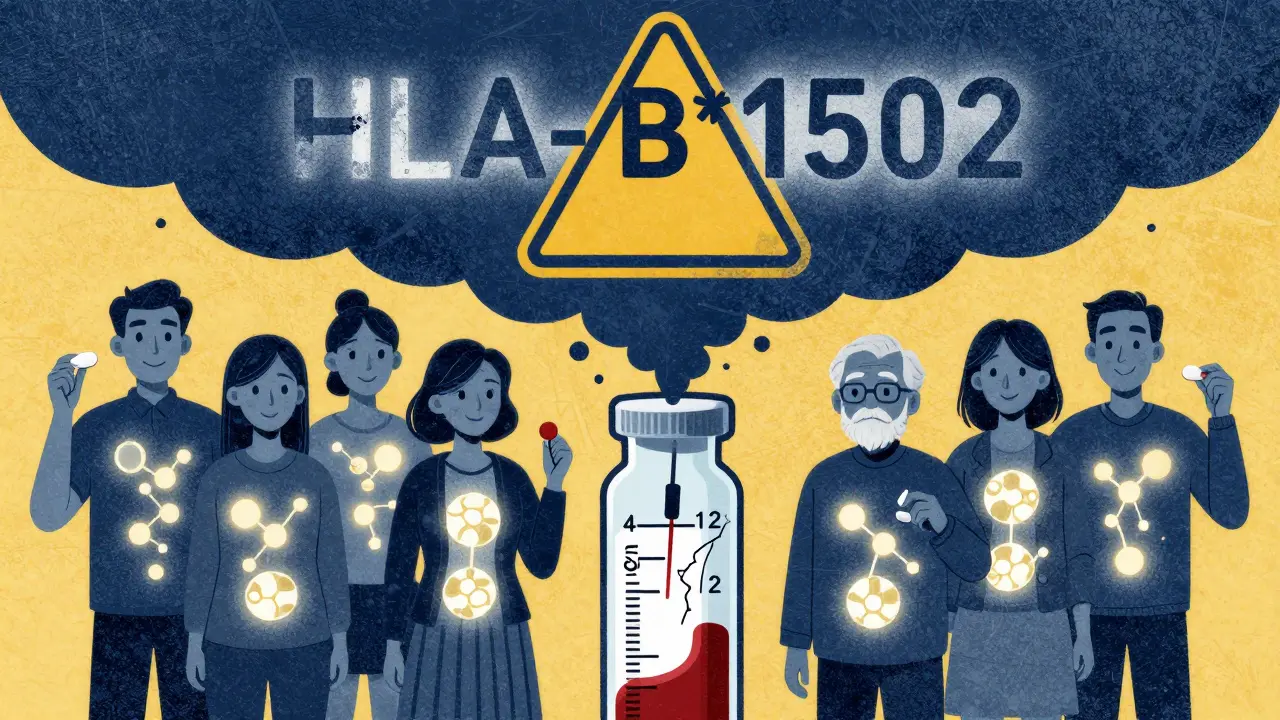 Diverse individuals with glowing enzyme maps, a warning sign above them, and a fractured blood test vial, rendered in risograph style.