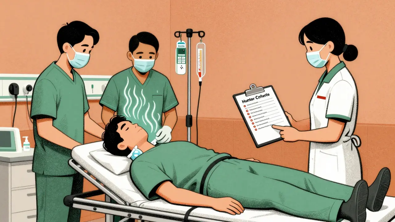 Emergency room scene with ice packs and IV benzodiazepine, Hunter Criteria checklist visible.