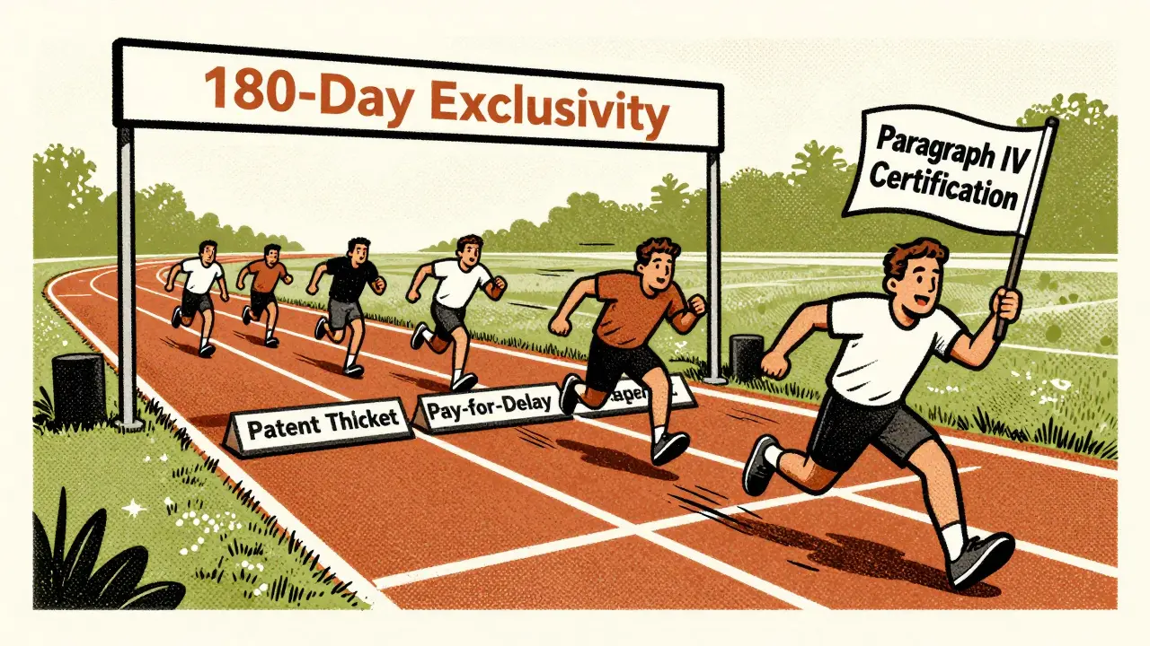 Generic drug companies racing toward exclusivity, hindered by patent thickets and pay-for-delay obstacles.