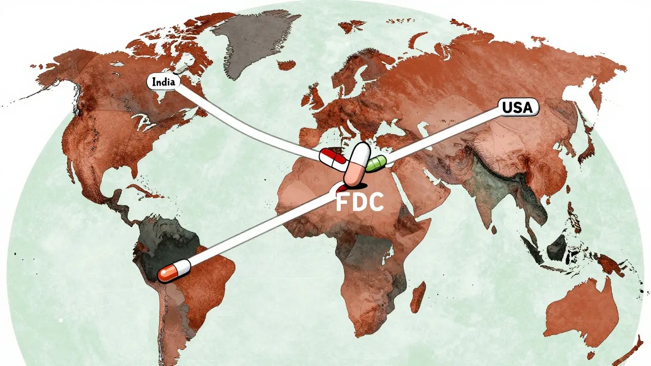 Globe with pill pathways reducing to one tablet in multiple countries.