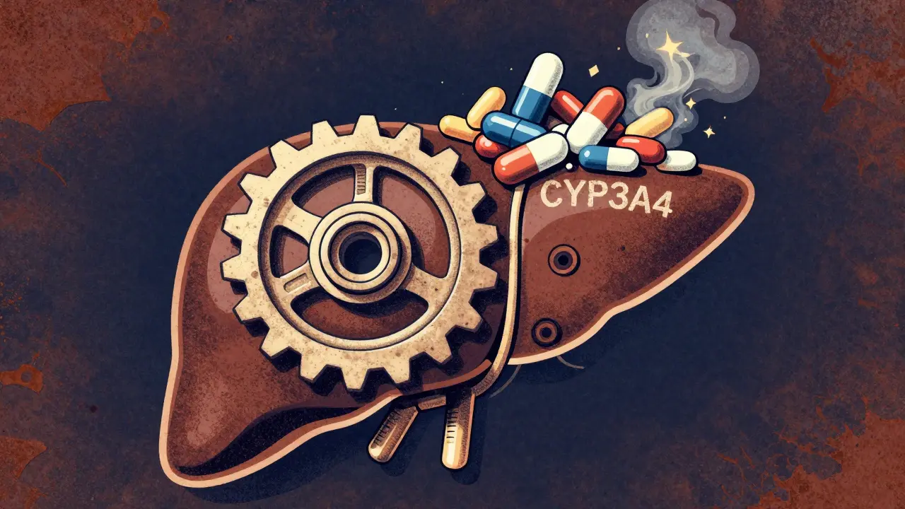 Human liver with jammed enzyme gear, toxic drugs piling up causing sparks.