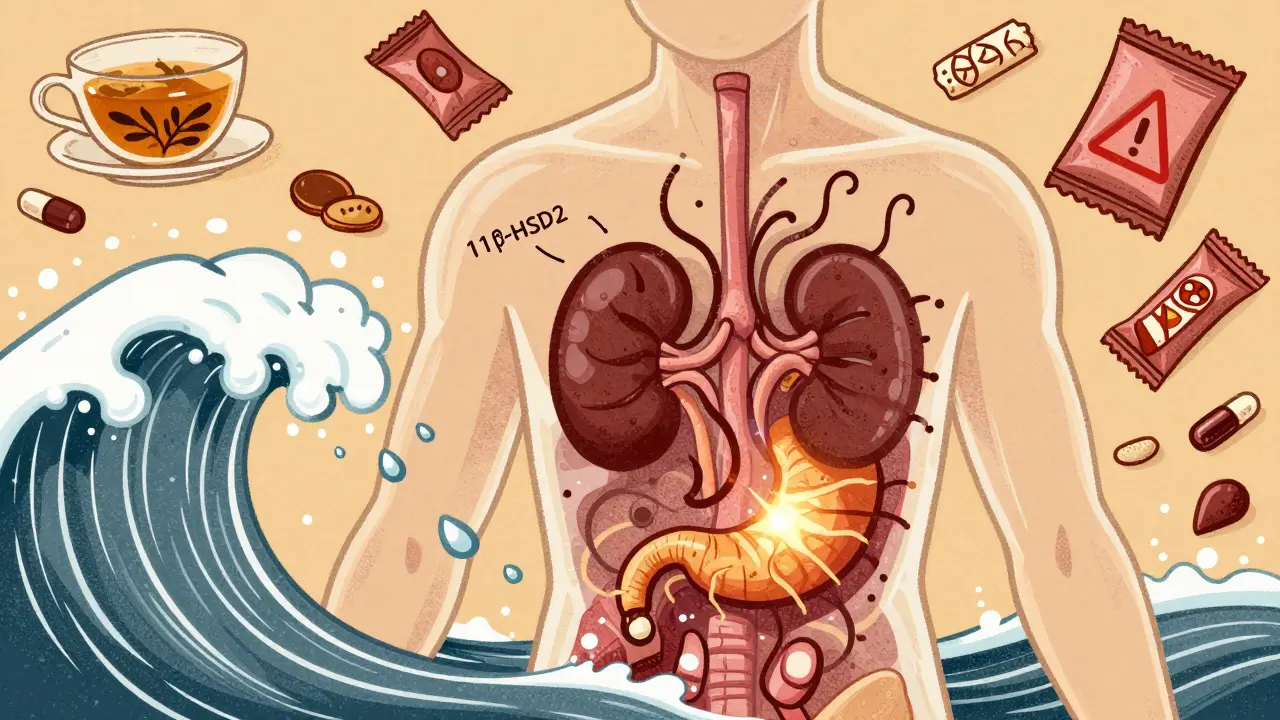 Human torso with licorice root blocking kidney enzyme, cortisol flooding bloodstream