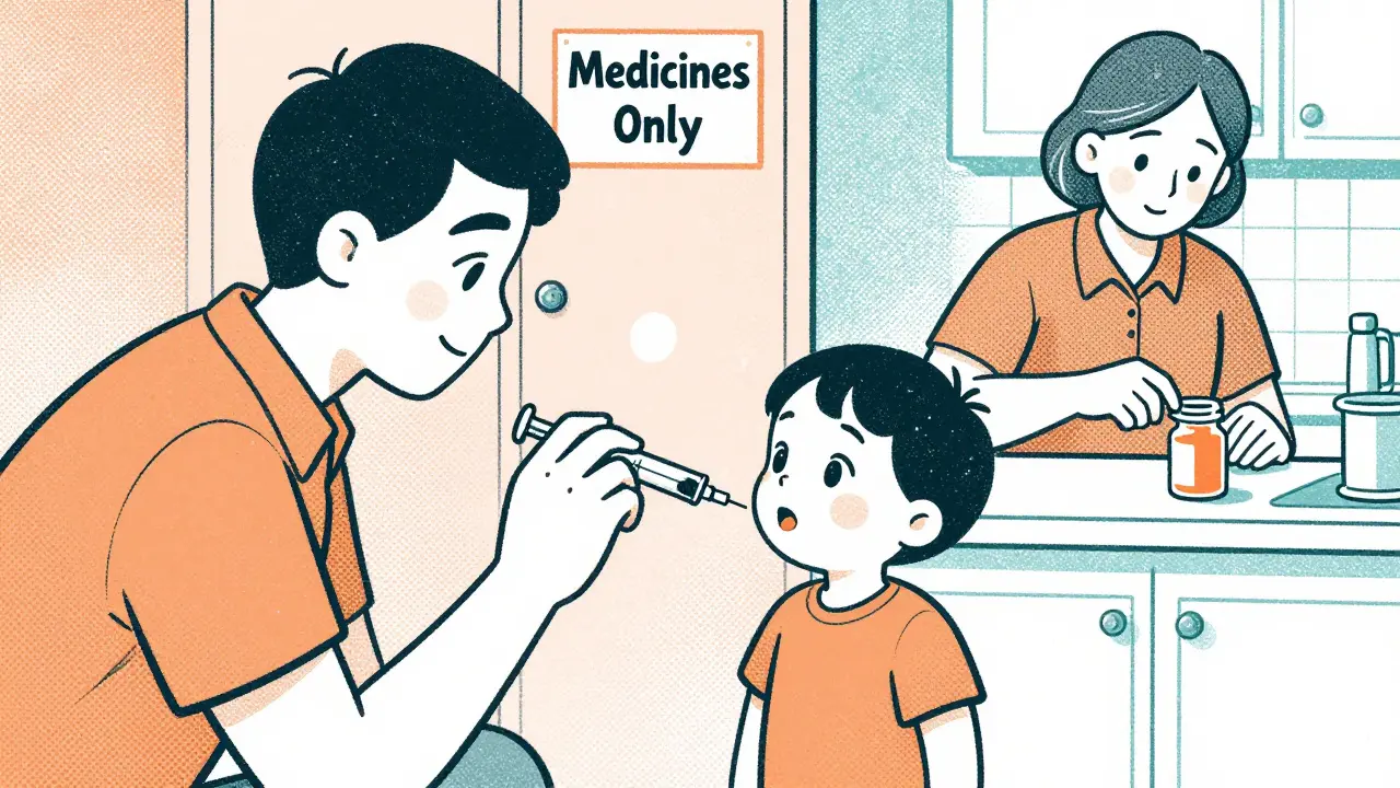 Parent carefully giving medicine with a dosing syringe while a grandparent leaves pills on the counter.