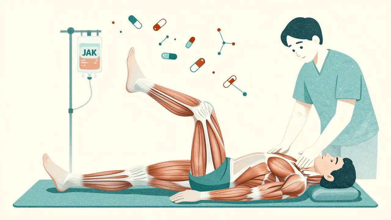 Patient doing gentle leg lifts during physical therapy, with medical icons floating above as muscles regain strength