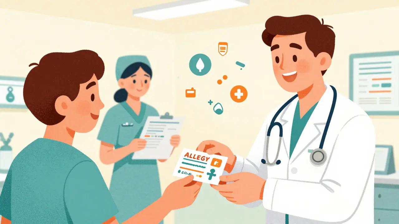 Patient handing an allergy card to an anesthesiologist in a hospital room.