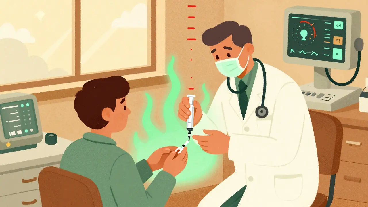 Patient undergoing aspirin desensitization in a clinic, with calming green waves replacing red warning signs as doctors monitor closely.
