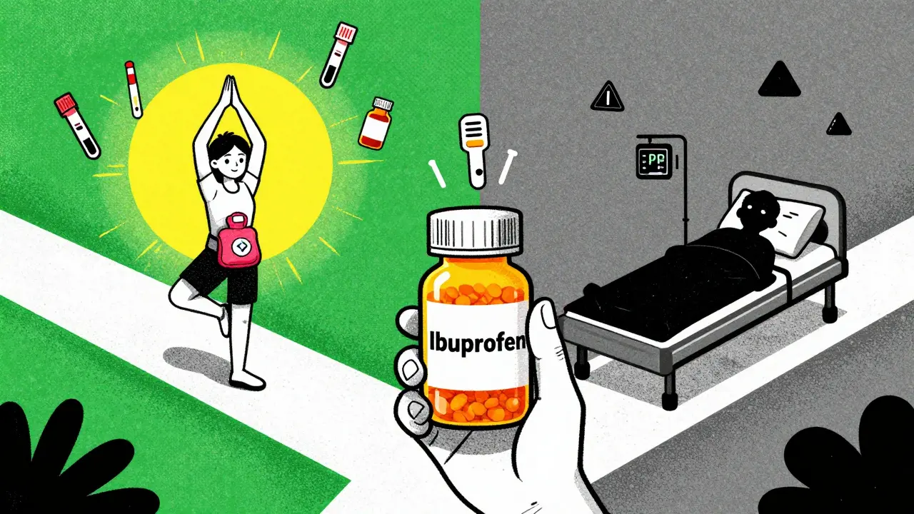 Person at a crossroads: one path to natural pain relief, the other to hospitalization from NSAID use.