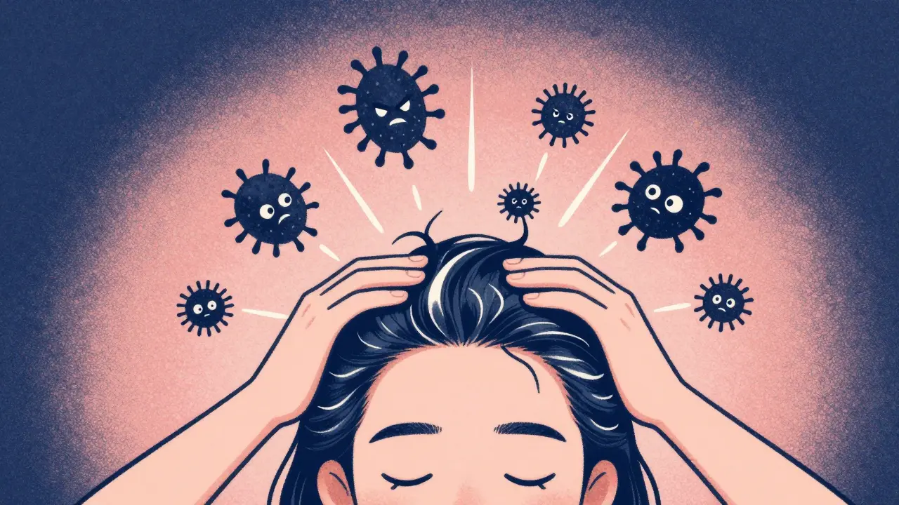 Person massaging shampoo into scalp while microscopic yeast organisms react to antifungal treatment.