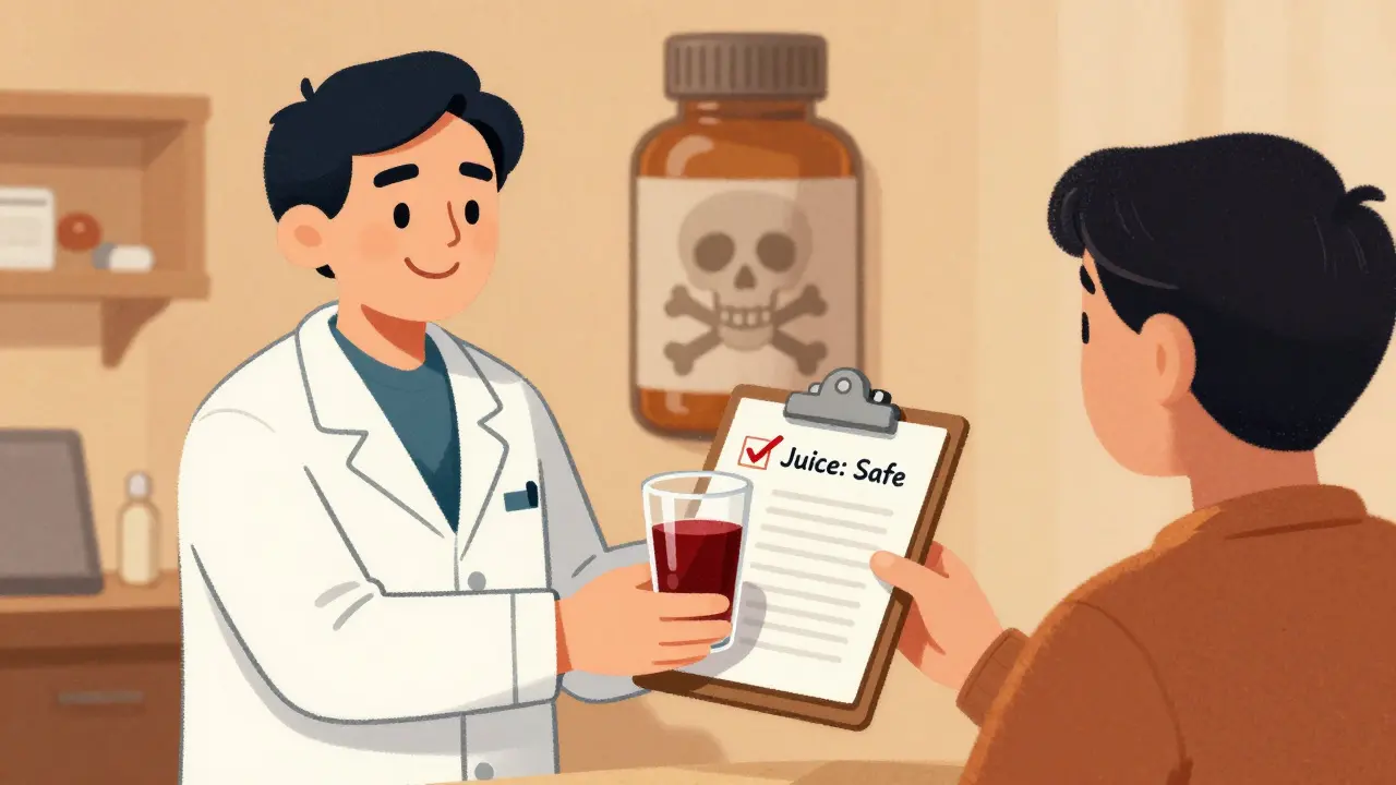 Pharmacist giving cranberry juice to patient while risky supplement fades in background
