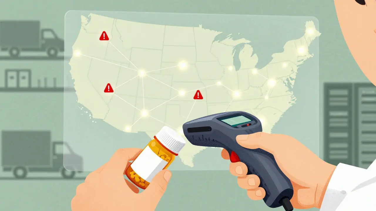 Pharmacist scanning a bottle as digital verification nodes light up across a U.S. map.