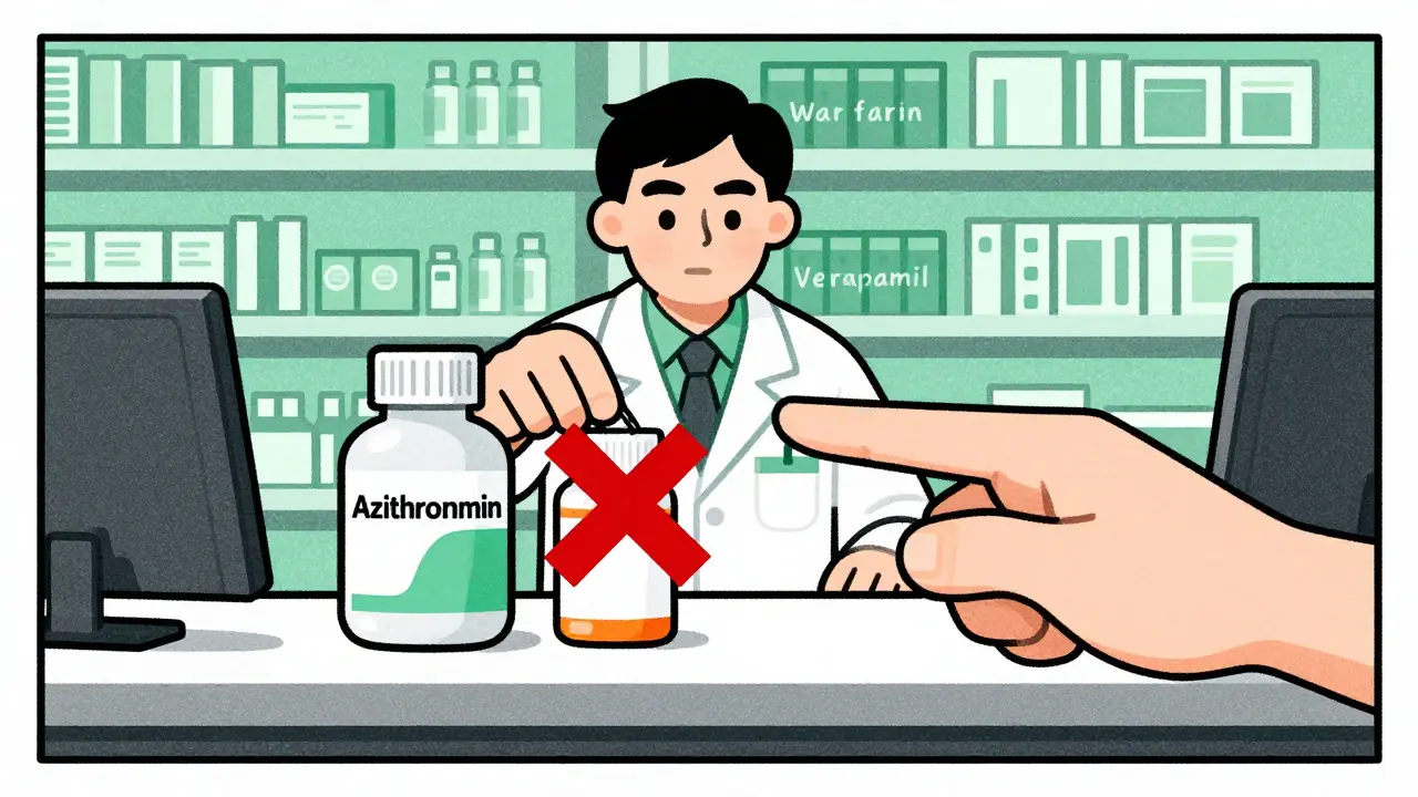 Pharmacist stopping clarithromycin prescription, offering safer azithromycin alternative.